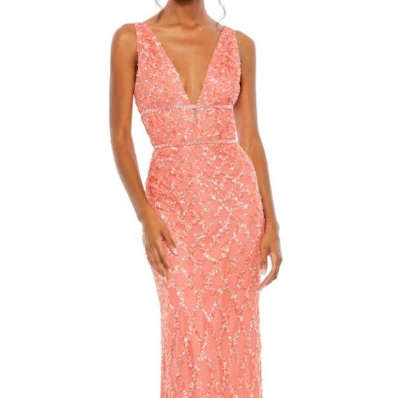 MAC DUGGAL 5669 SEQUIN PLUNGE NECK SLEEVELESS CORAL COLUMN GOWN sz 12 - Picture 1 of 6